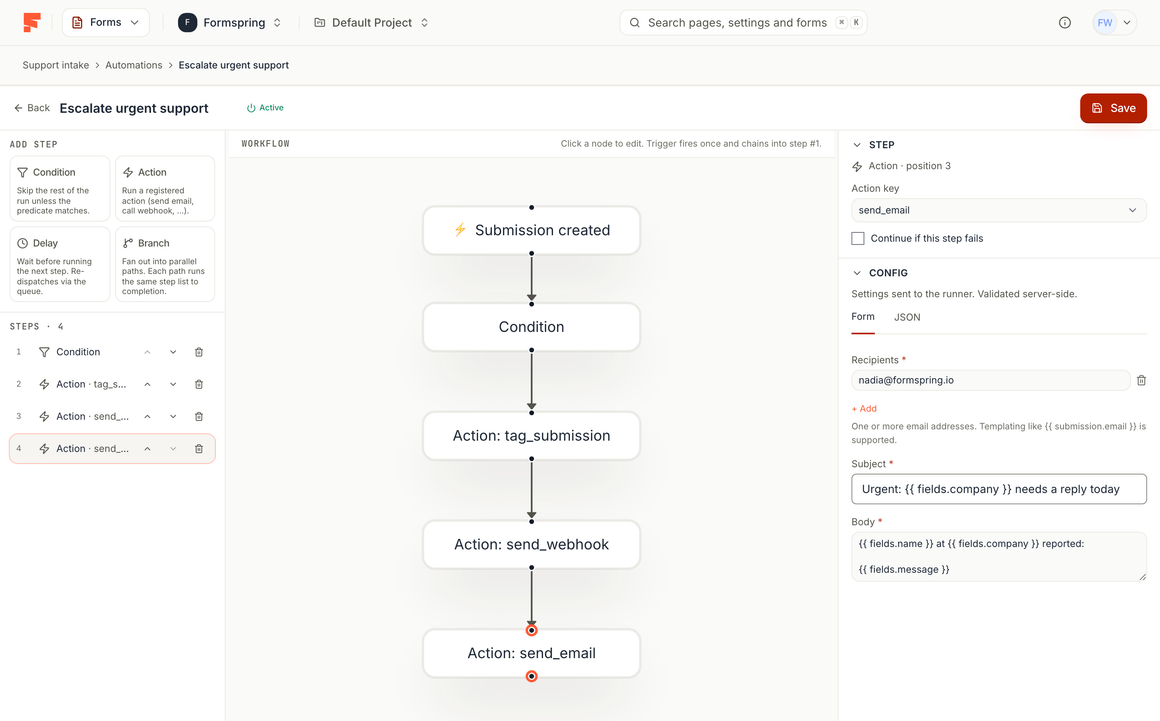 The automation builder with a five node workflow from a submission trigger through a condition to three actions, and the selected email step open.