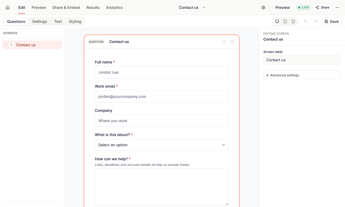 The form builder with a Contact us form open, showing the full name, work email, company, topic and message fields on one screen.